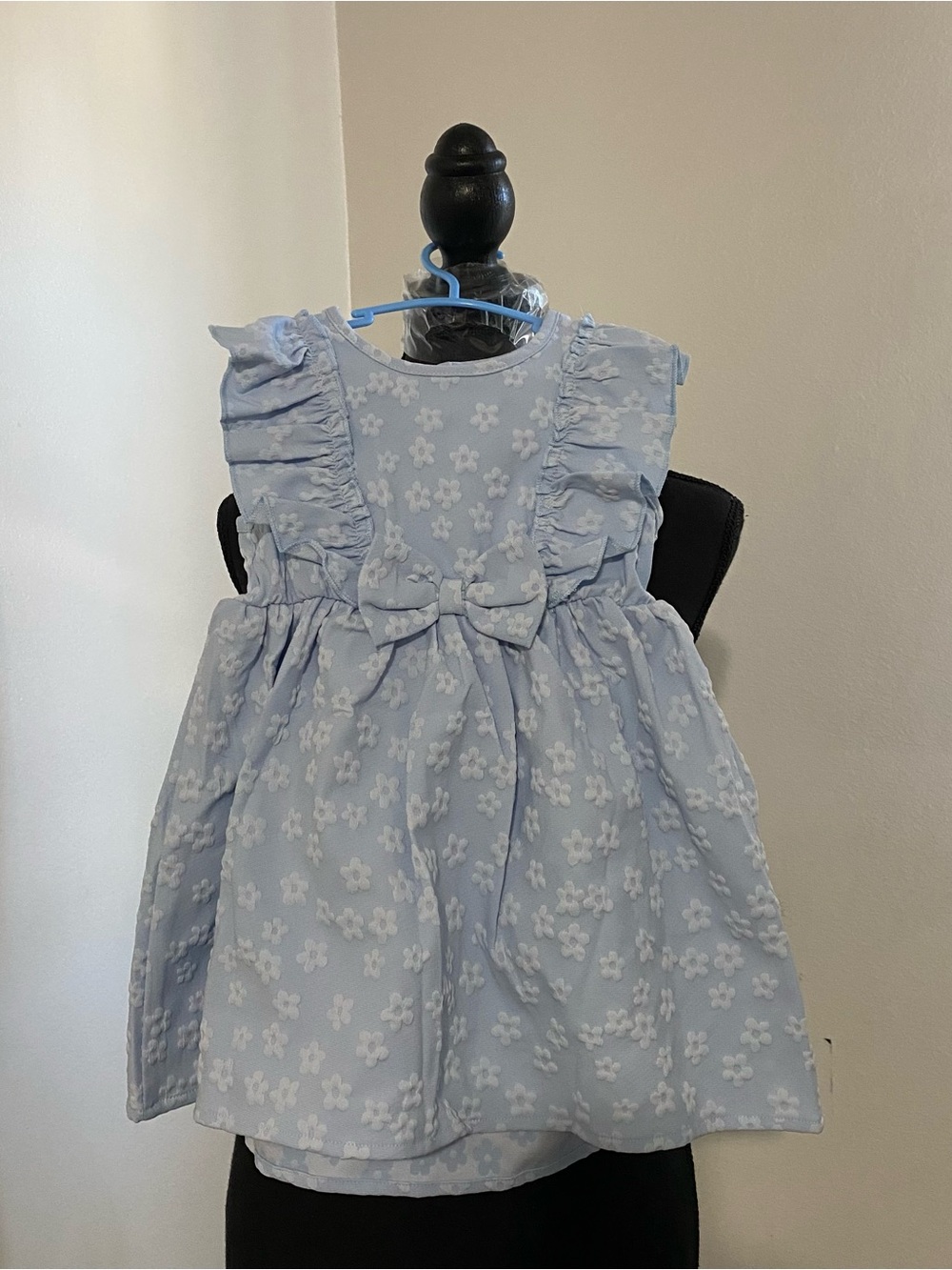 Light Blue Floral Ruffle Bow Kids Dress